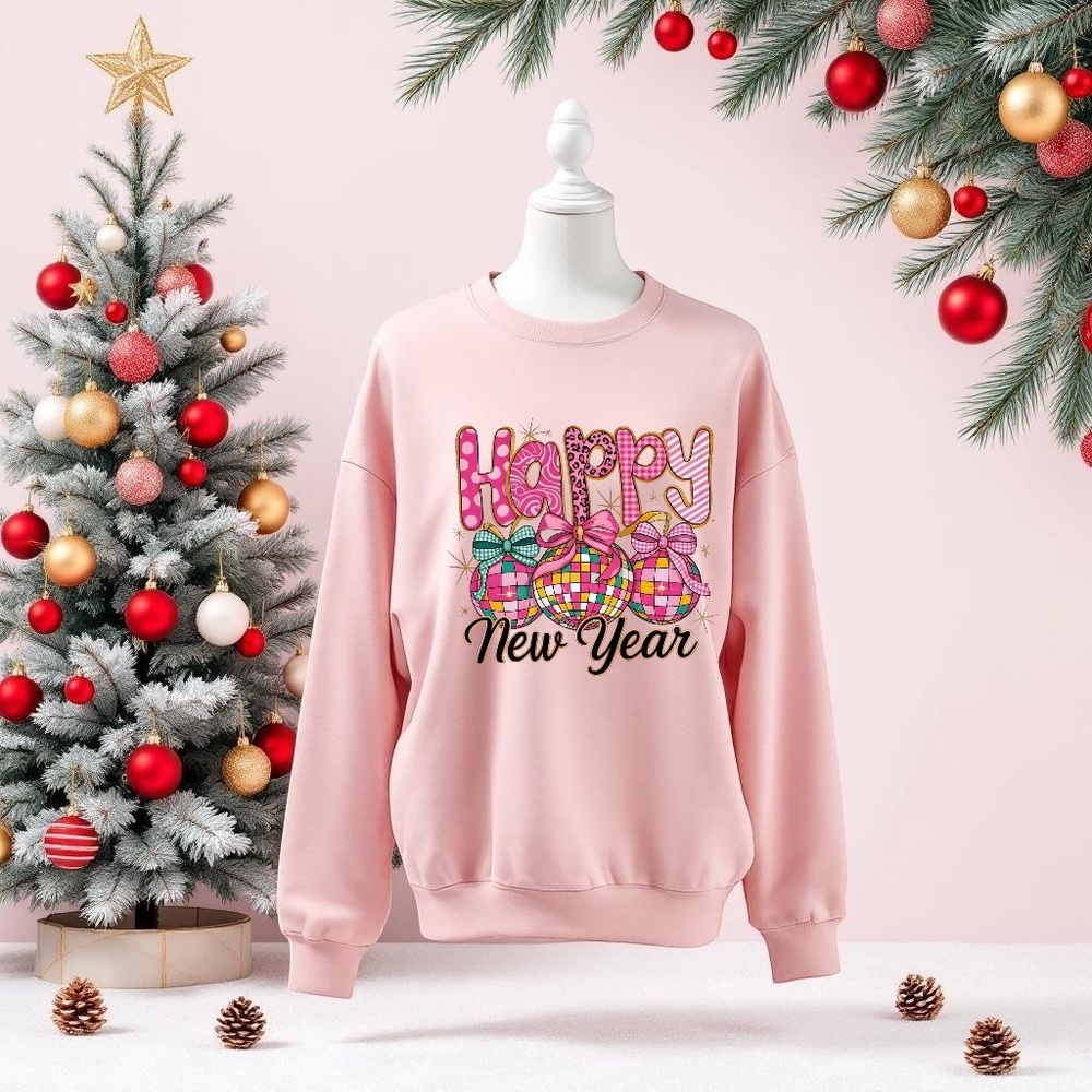 Happy New Year Pink Disco Sweatshirt White S M L XL New Checkers Polka dots - Picture 10 of 15